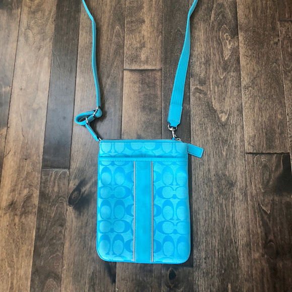 Coach Handbags - Coach Aqua Fabric Signature Stripe Crossbody Purse